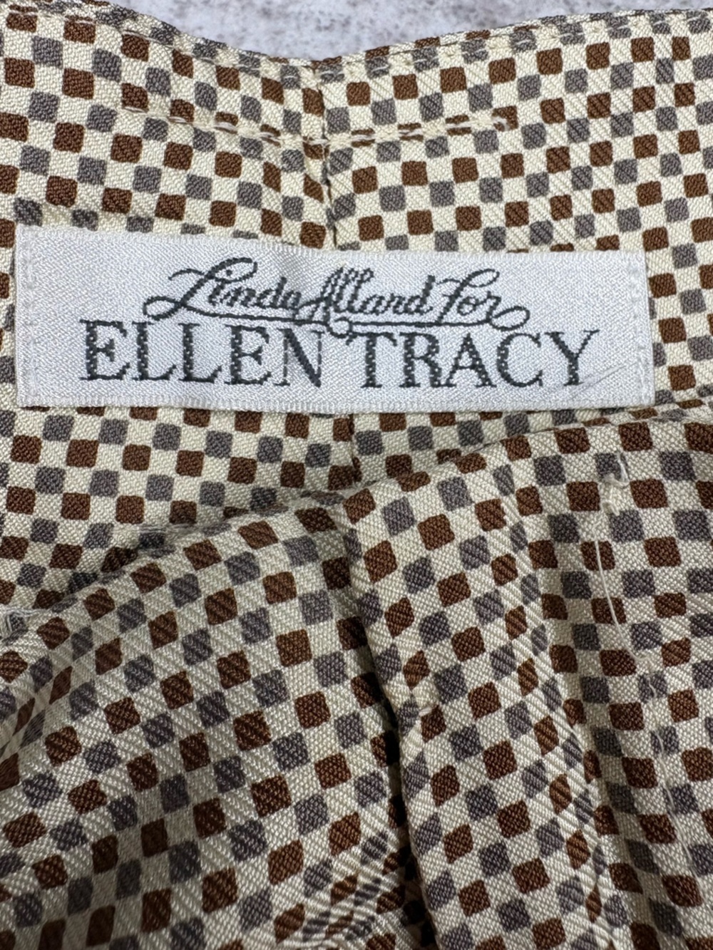 Linda Allard for Ellen Tracy Pleated Silk Pants Women’s 6 Brown Gray Micro Check - Picture 2 of 11